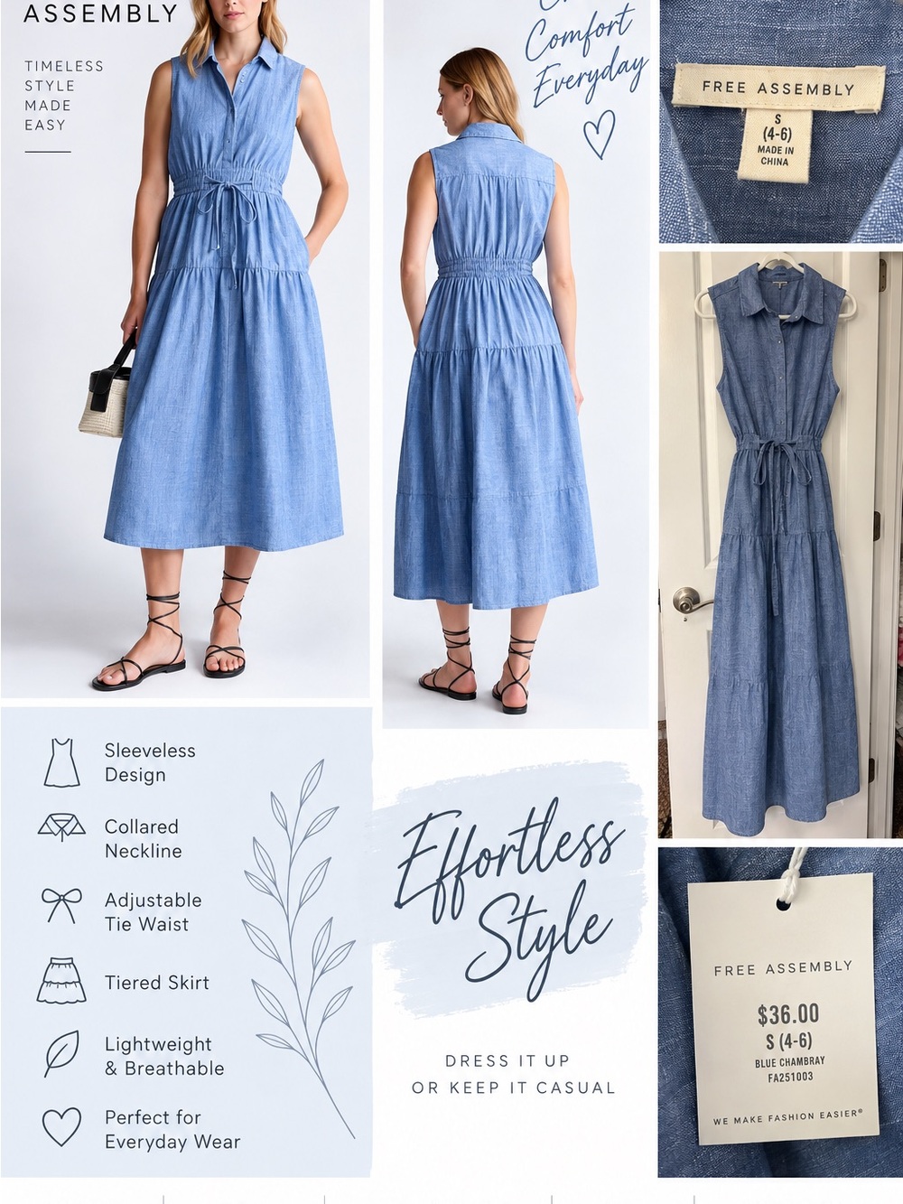 Sleeveless Chambray Tiered Maxi Dress with Tie Waist - Light Blue